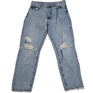 DRDENIM Nora 32/27 Ripped Thrashed High Rise Mom Jeans Blue Jay Denim 90s Chic‎